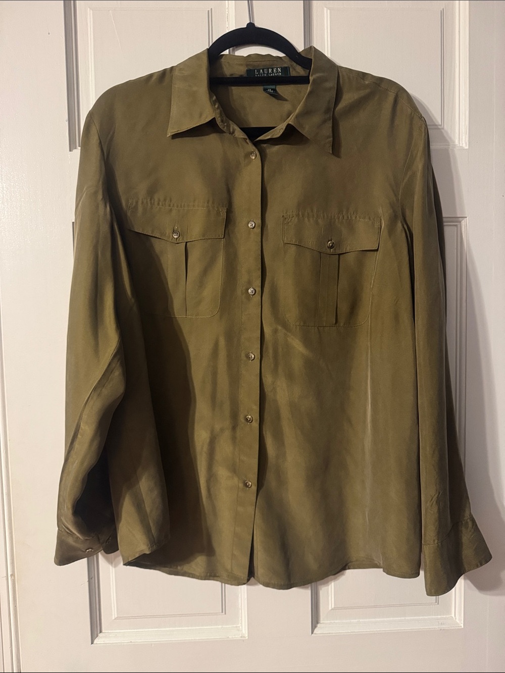 Lauren Ralph Lauren Olive Green Utility Button-Down Blouse 100% Silk